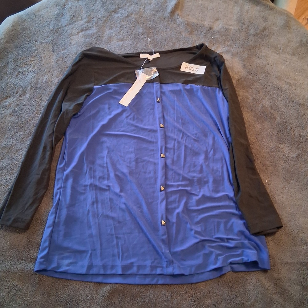 Claudia Richard Colorblock Studded Top Womens Royal Blue Black Size L CR3492 NWT